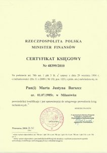 Certyfikat Księgowy Marta Barszcz